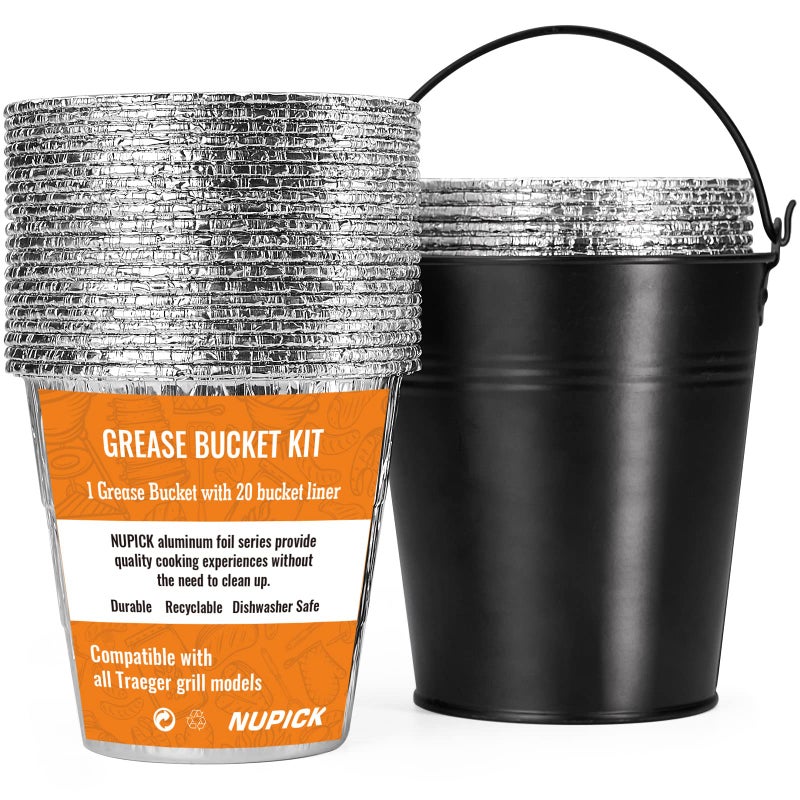 NUPICK 20-Pack Grease Bucket Liner & 1-Pack Grease Bucket HDW152 for Traeger, Grease Bucket for Traeger Pro Series 575/780, 22/34 Series, Ironwood 650/885 Grills, Black - Image 1